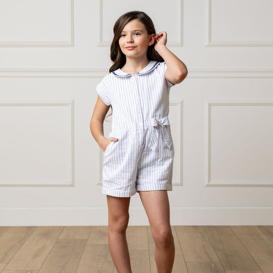 Linen Cotton Blue & White Collared Button Front Romper