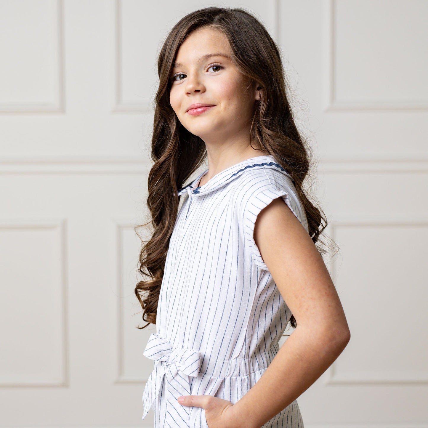 Linen Cotton Blue & White Collared Button Front Romper