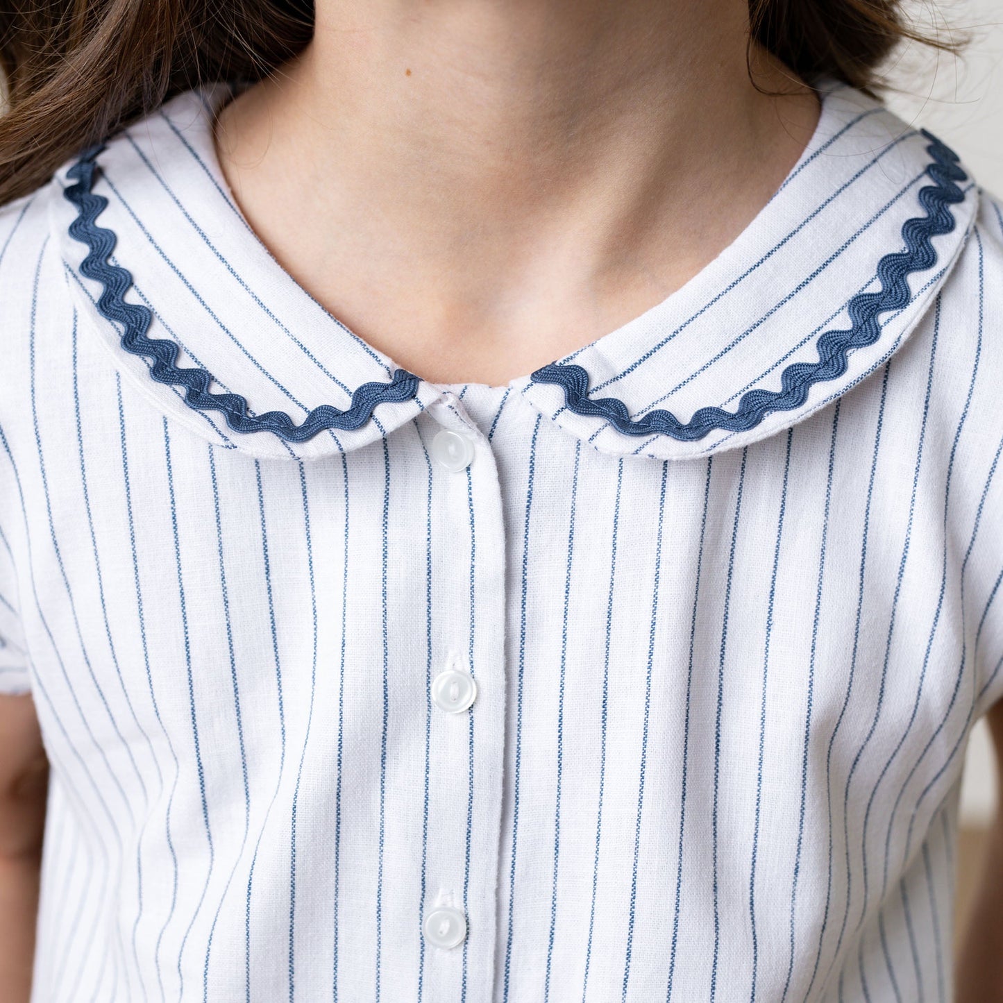 Linen Cotton Blue & White Collared Button Front Romper