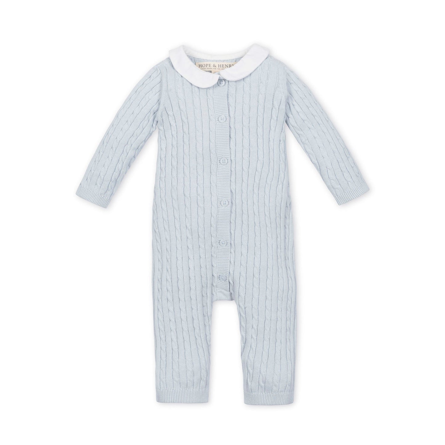 Organic Cotton Blue and White Cable Knit Peter Pan Collar Sweater Romper