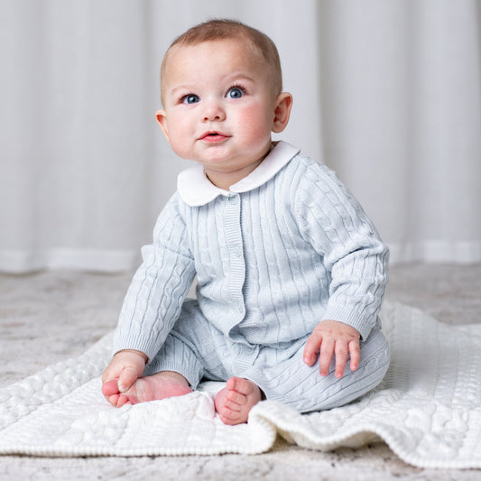 Organic Cotton Blue and White Cable Knit Peter Pan Collar Sweater Romper