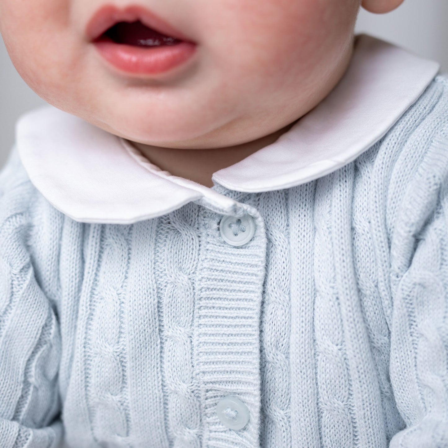 Organic Cotton Blue and White Cable Knit Peter Pan Collar Sweater Romper