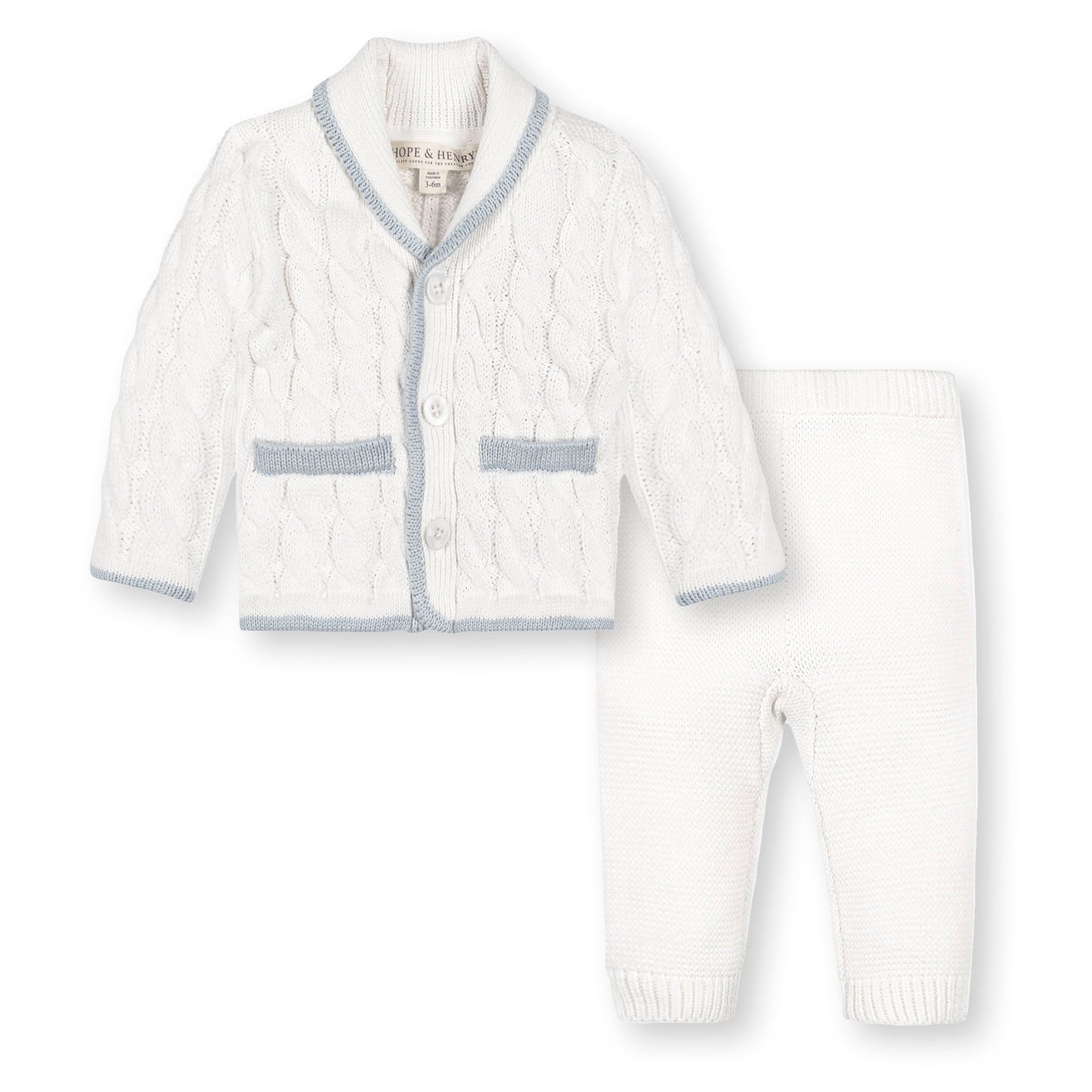 Organic Cotton Cable Knit White & Blue Cardigan and Legging Set