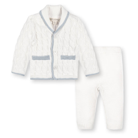 Organic Cotton Cable Knit White & Blue Cardigan and Legging Set