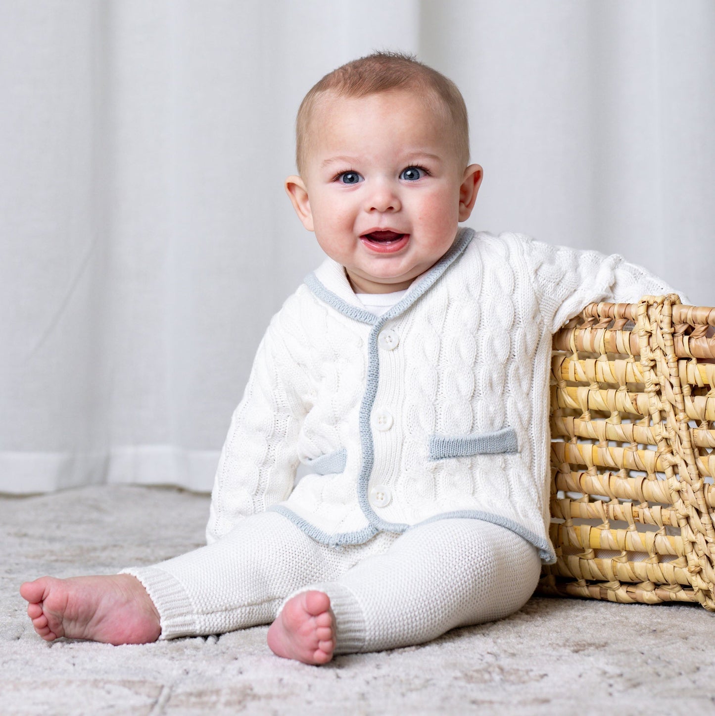Organic Cotton Cable Knit White & Blue Cardigan and Legging Set