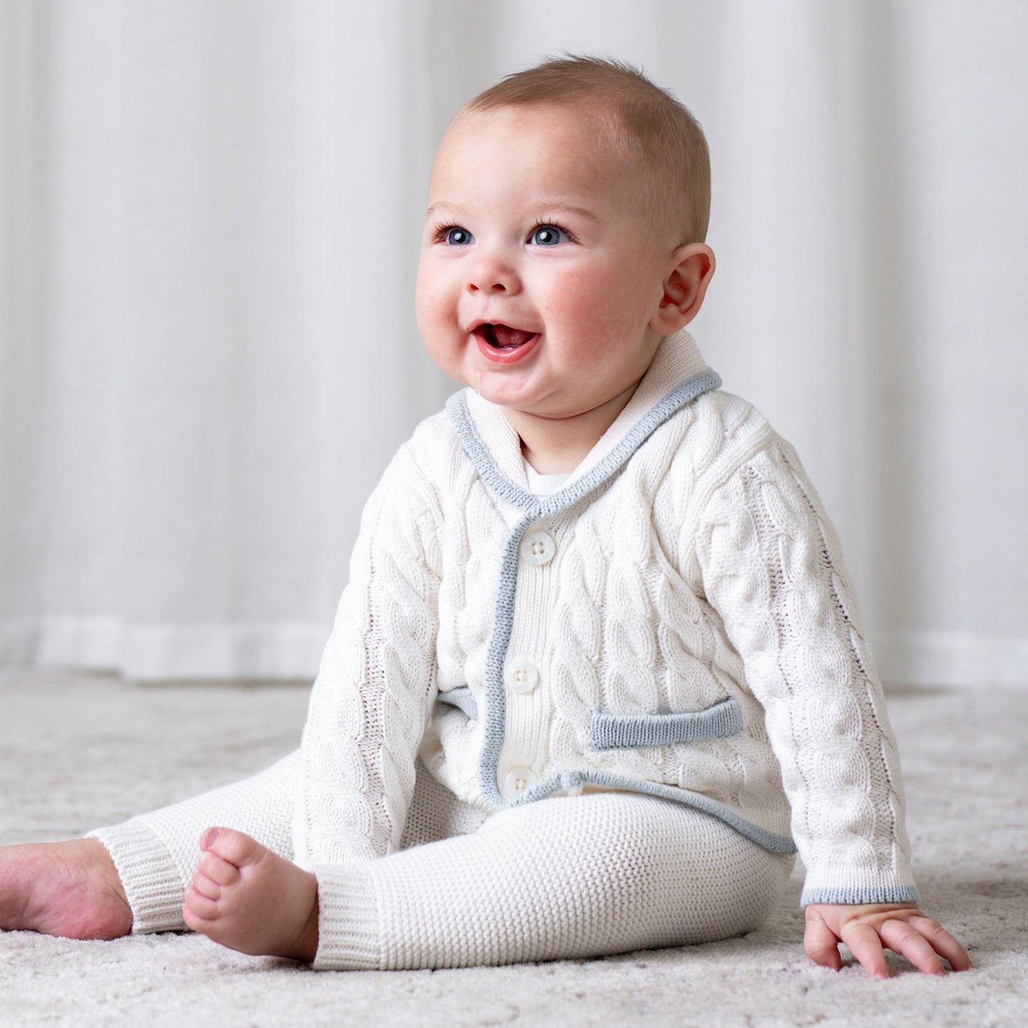Organic Cotton Cable Knit White & Blue Cardigan and Legging Set
