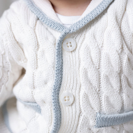 Organic Cotton Cable Knit White & Blue Cardigan and Legging Set
