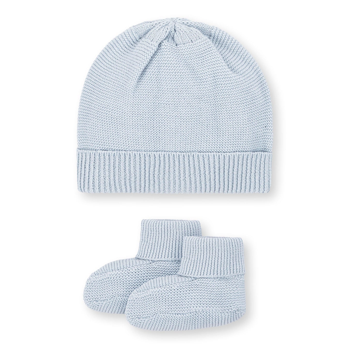 Organic Cotton Blue Knit Sweater Beanie and Bootie Set