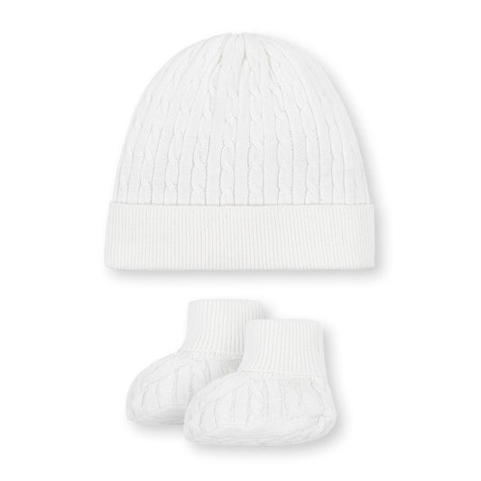 Organic Cotton White Knit Sweater Beanie and Bootie Set