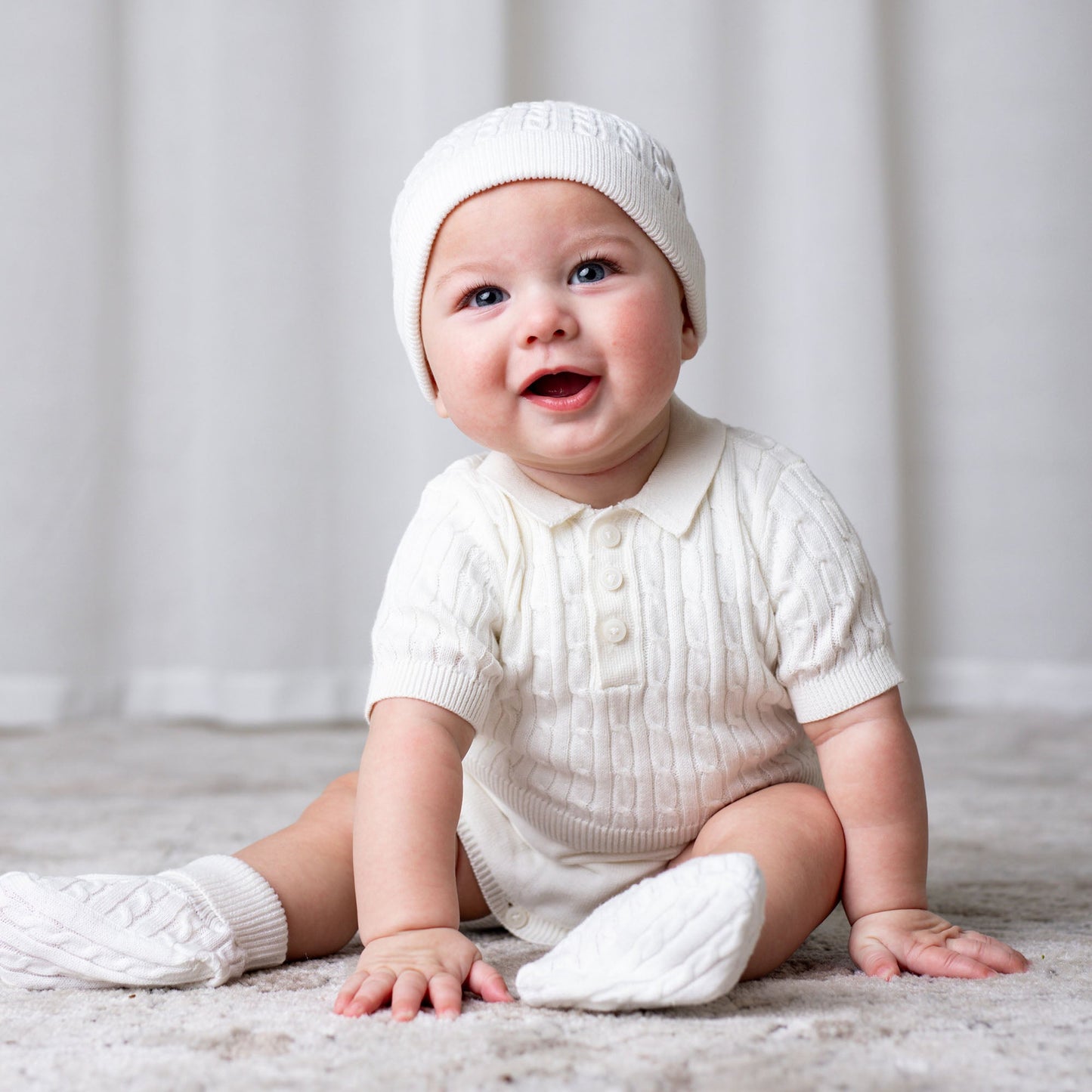 Organic Cotton White Knit Sweater Beanie and Bootie Set