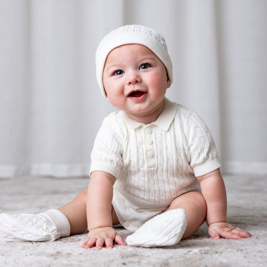 Organic Cotton White Knit Sweater Beanie and Bootie Set