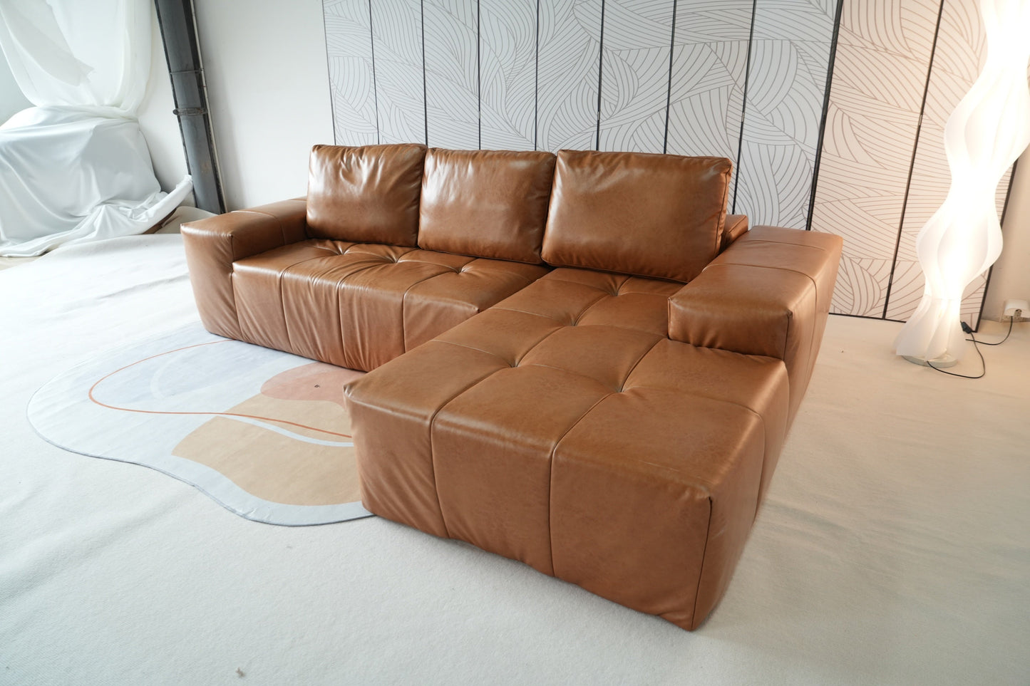 Sectional Sofa L-Shape Faux Leather Brown 3 Seat with Chaise 114 In