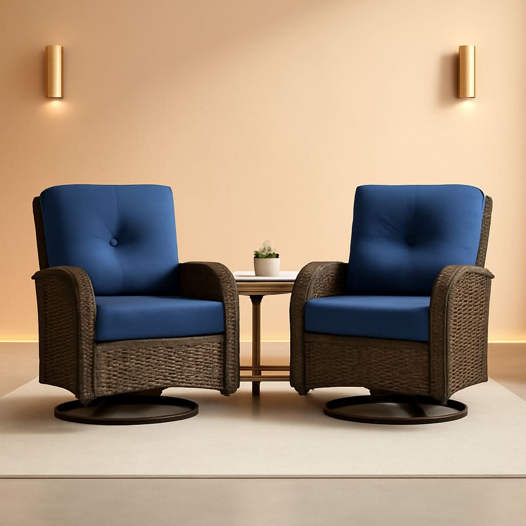 Patio Wicker Swivel Rocker Chair Set with Glass-Top Side Table – Brown & Blue