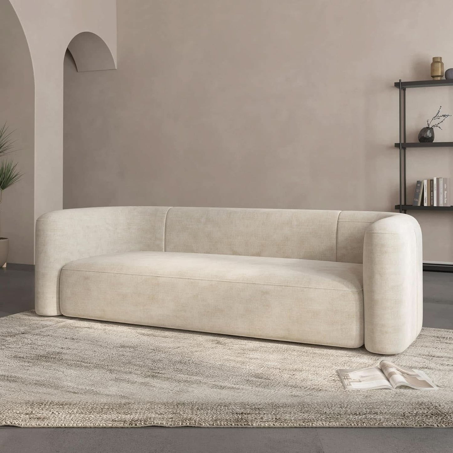 ** Cream Velvet 3 Seater Modern Sofa with Curved Backrest