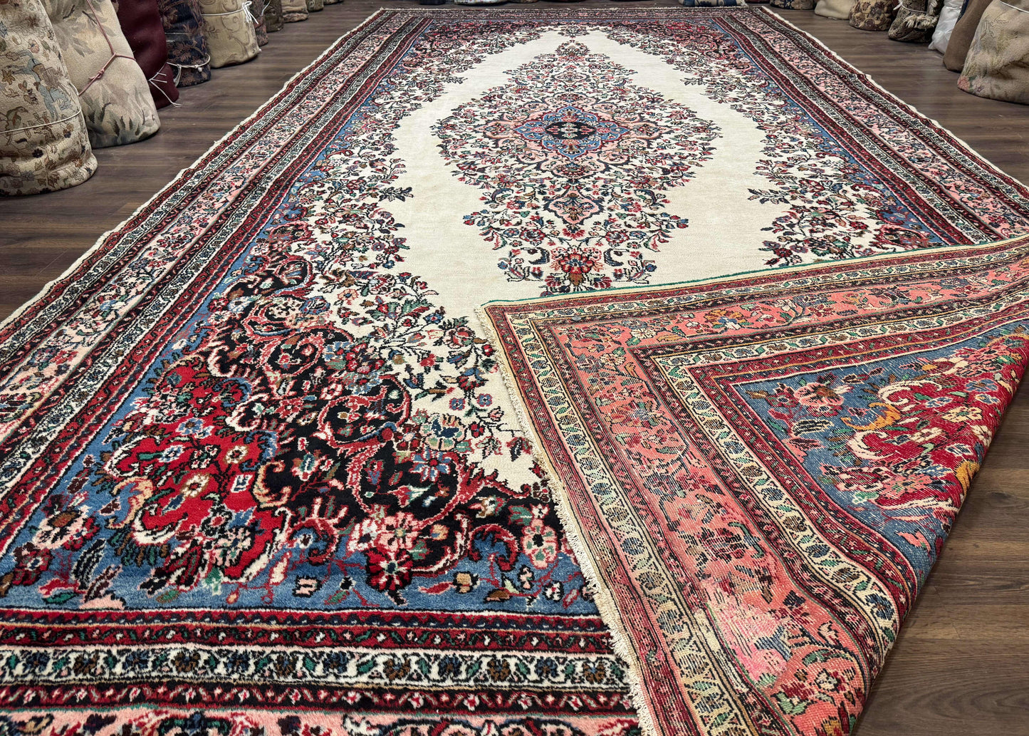 Palace Size Persian Rug 10 x 21 ft, Antique Hamadan Bibikabad Carpet, Handmade Antique Wool Oversized Rug, Ivory, Semi Open Field