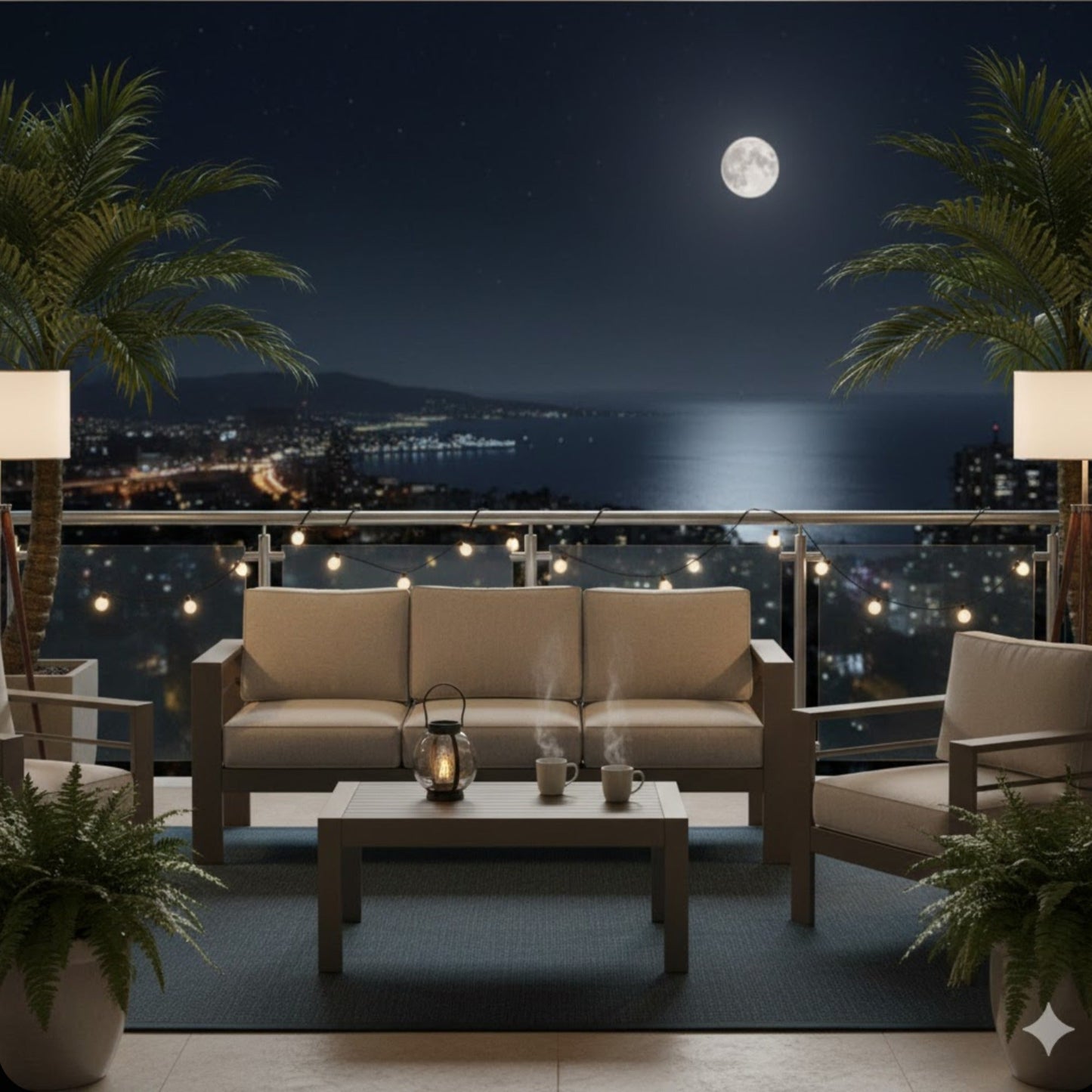 Outdoor Patio Set Iron Khaki 2 Piece 3 Seat Sofa 5 in Cushions 43in Table