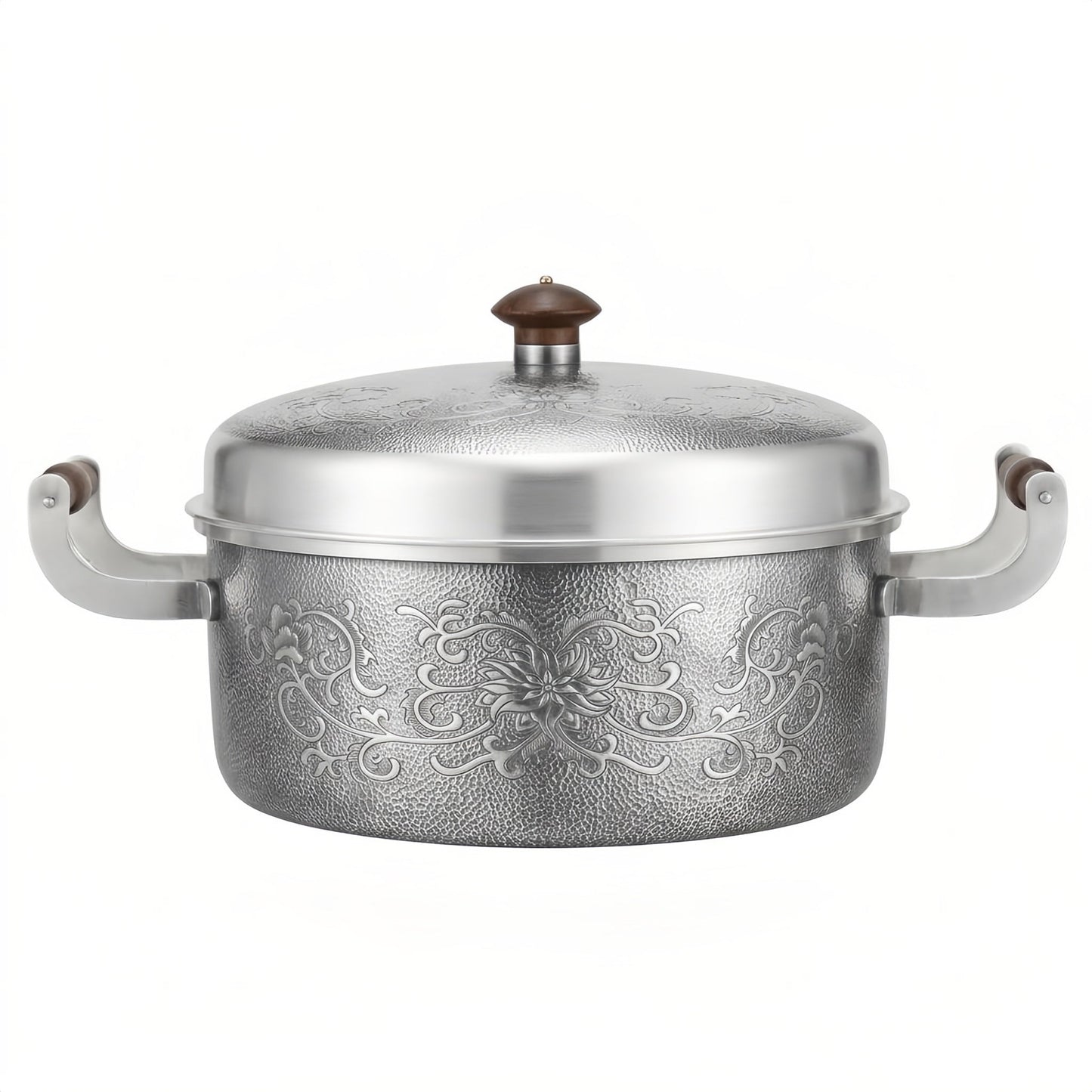 Pure 999 Fine Silver Elegant Floral Engraved Silver Casserole Pot with Wooden Handle Accents - Handicraft