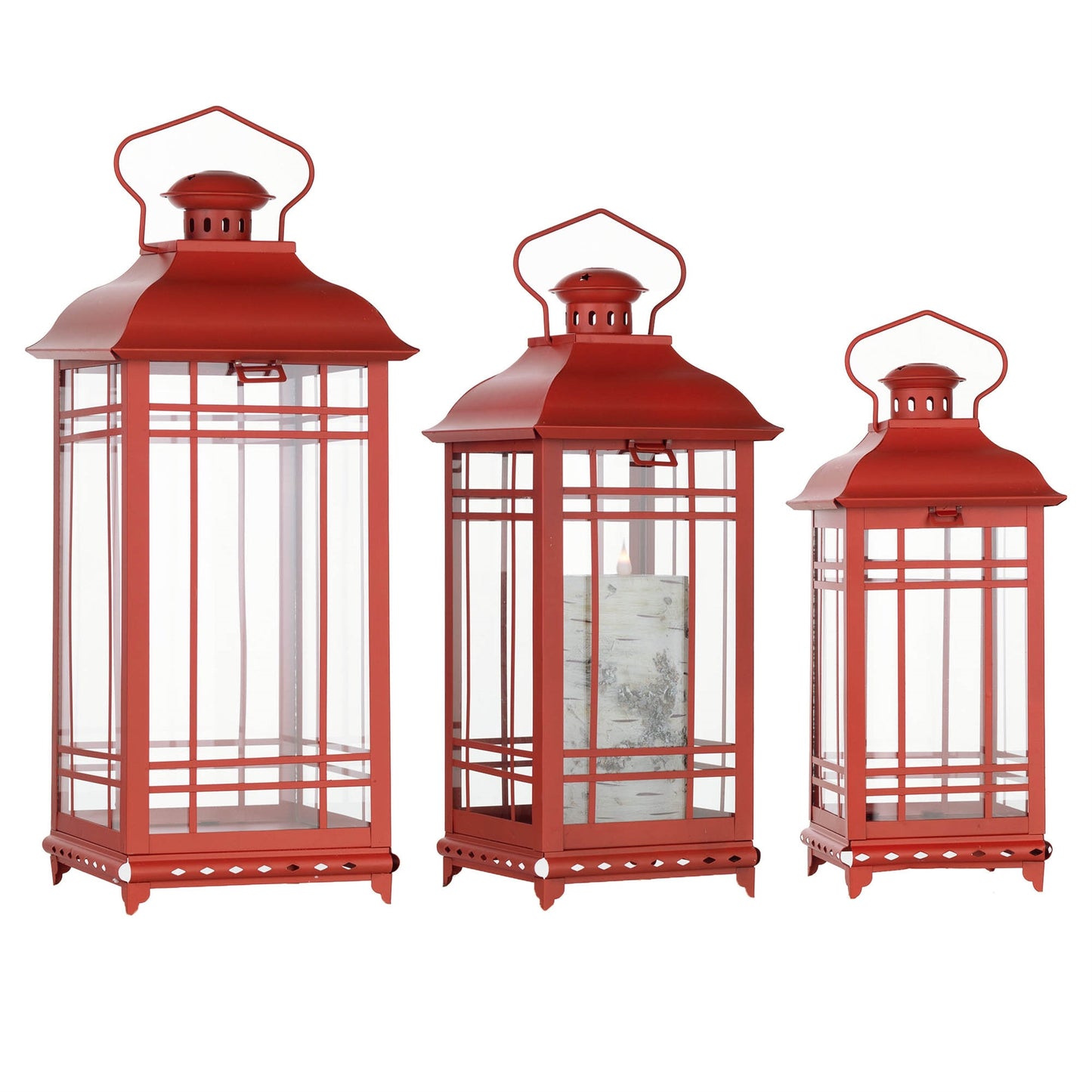 Set of Three Classic Farmhouse Red Metal Lanterns
