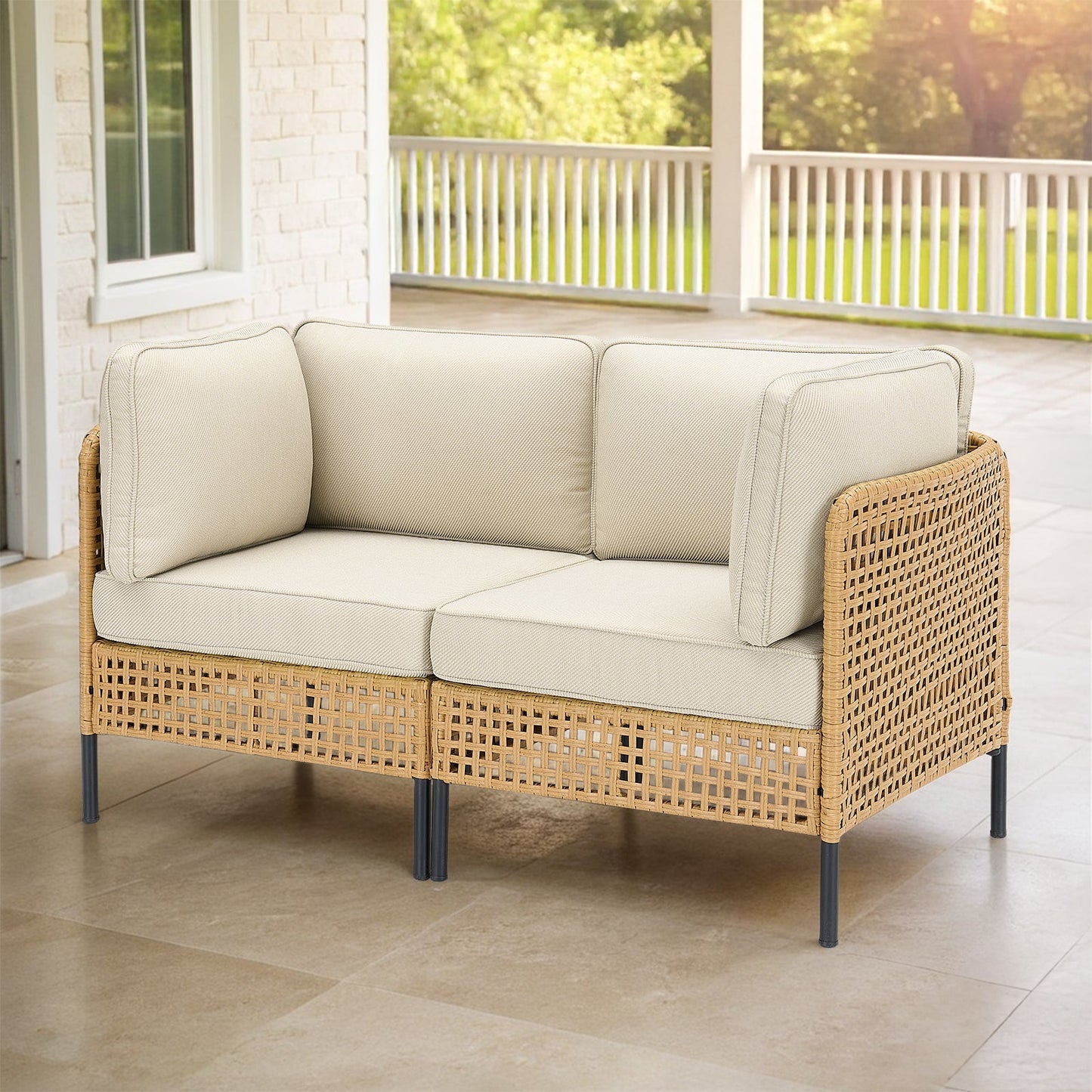 Outdoor Wicker Sectional Sofa Boho Beige Cushions