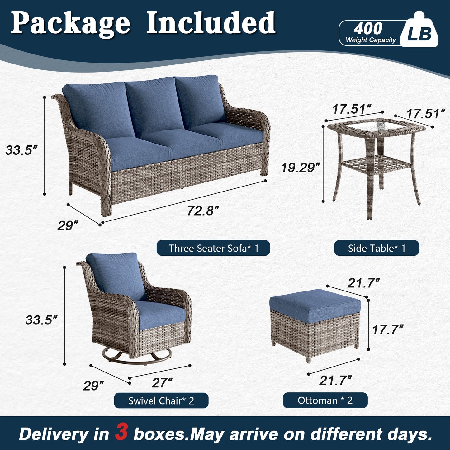 Sofa Set Modern with Three-Seater, Two Swivel Chairs, Footstools and Side Table