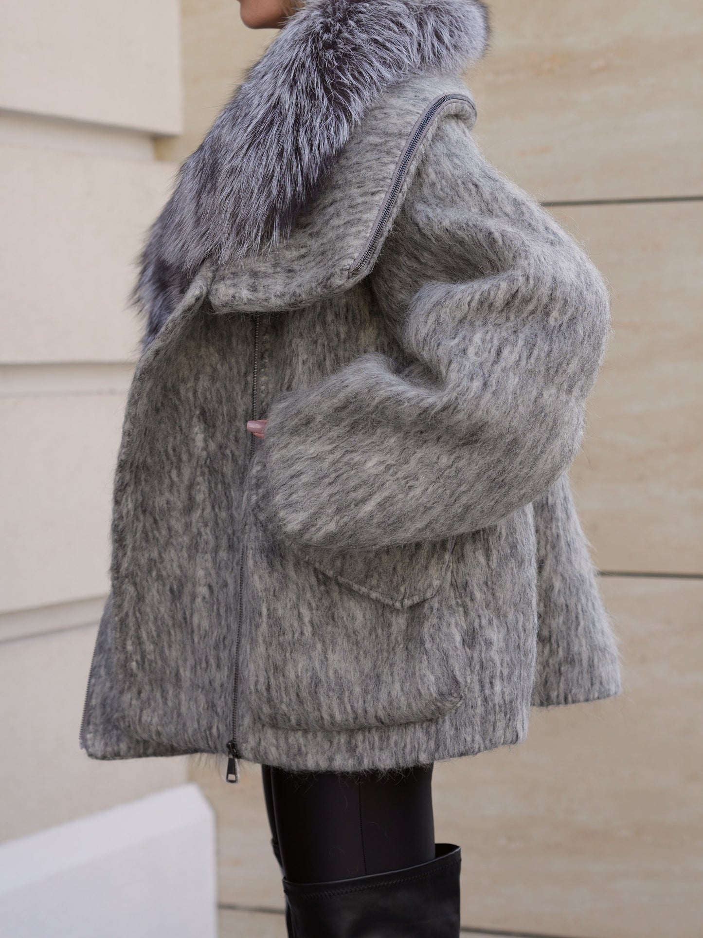 Ares Genuine Fur Trim Down Fill Mohair Parka