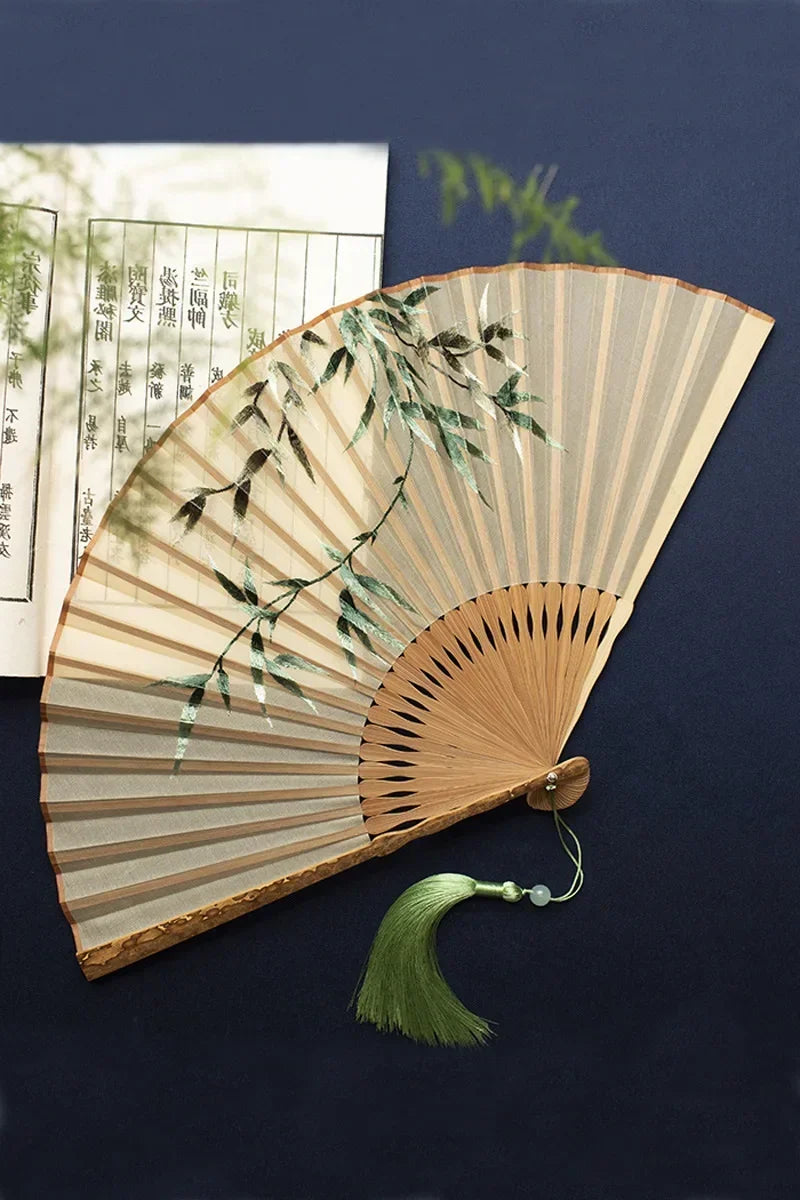 Chinese Embroidered Silk Bamboo Folding Fan, 7" or 8"