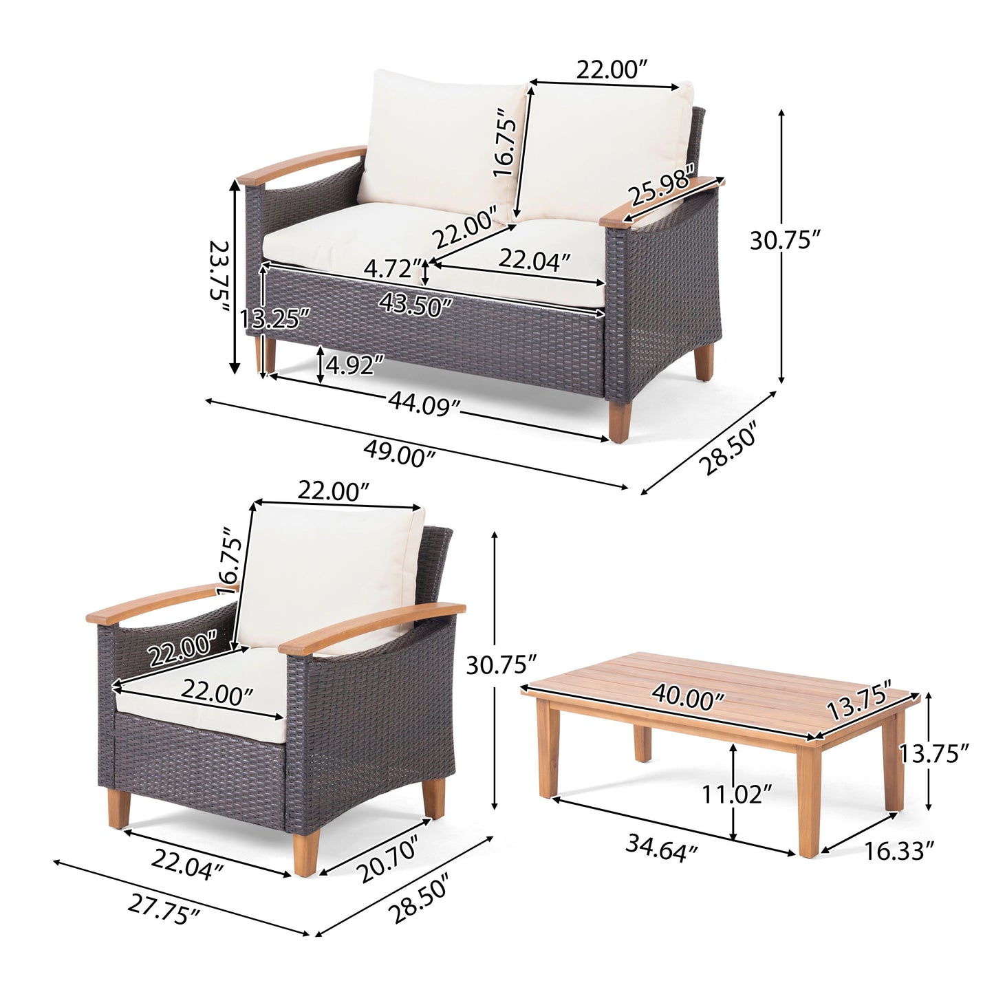 Outdoor Set: Transitional Teak Wood and Pe Rattan with Water Resistant Cushions