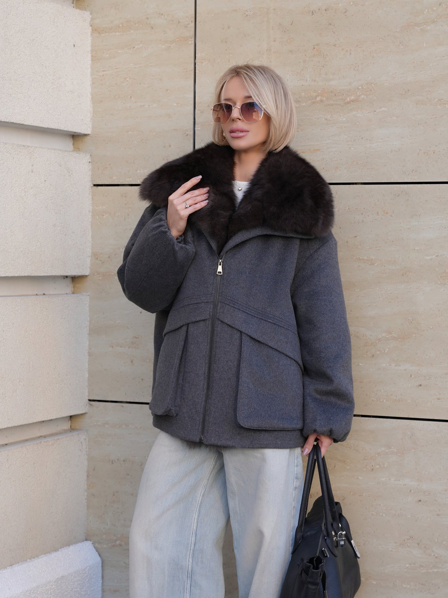 Rimini Genuine Fur Trim Wool Blend Parka in Graphite