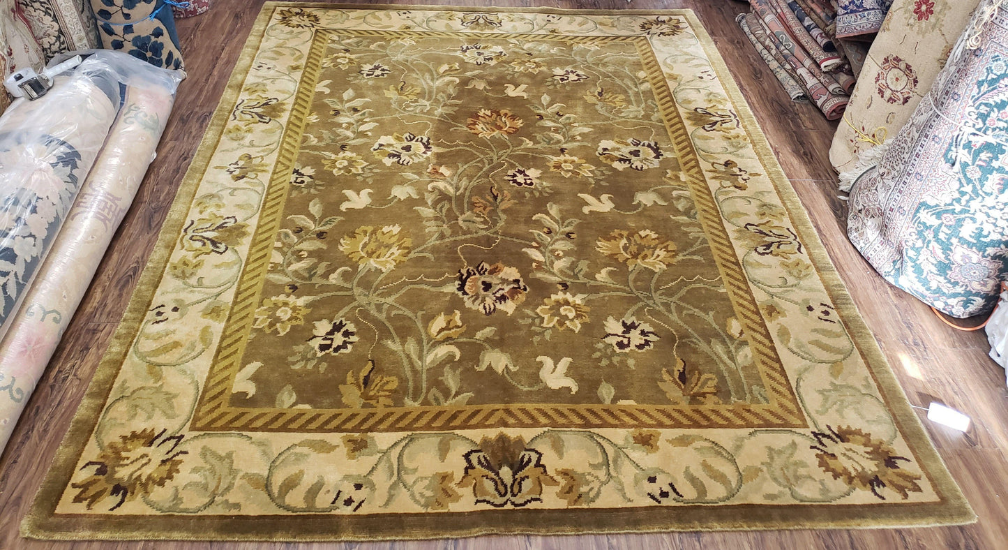 8x10 Tibetan Rug, Green & Beige Floral Rug, Large Handmade Wool Rug