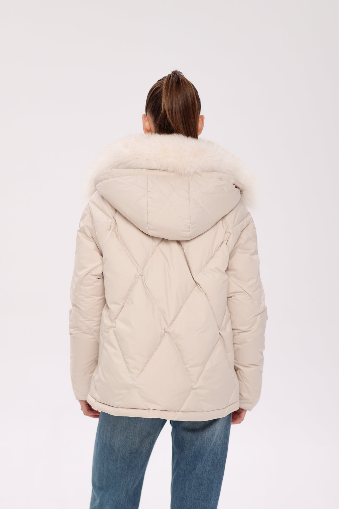 Genuine Polar Fox Fur Down Insulated Parka in Ivory