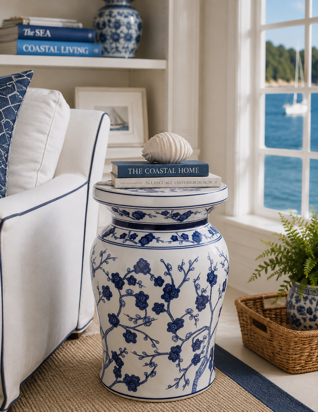 A blue and white porcelain garden-style side table with floral patterns, styled in a bright living room next to a white sofa and a window overlooking the ocean.