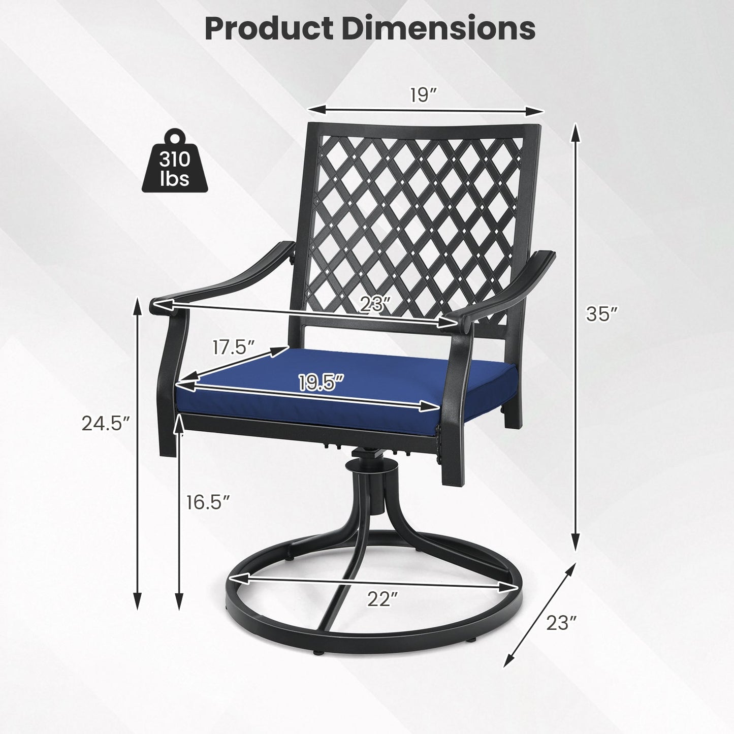 2 Pack Swivel Outdoor Chairs with Soft Cushions and Round Steel Base-Navy