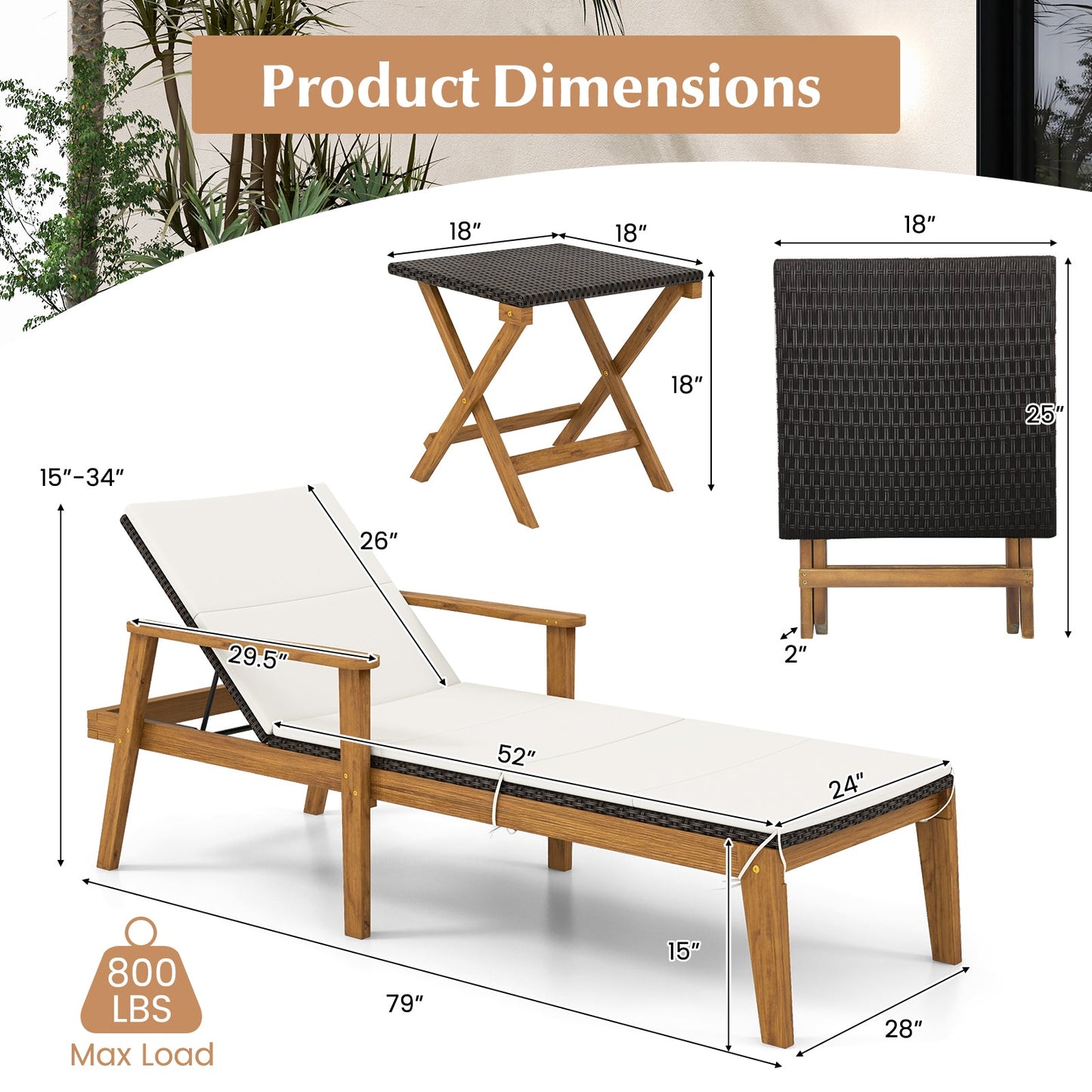 2 Piece Outdoor Chaise Lounge Chair Set Rattan Patio Chaise with Armrests