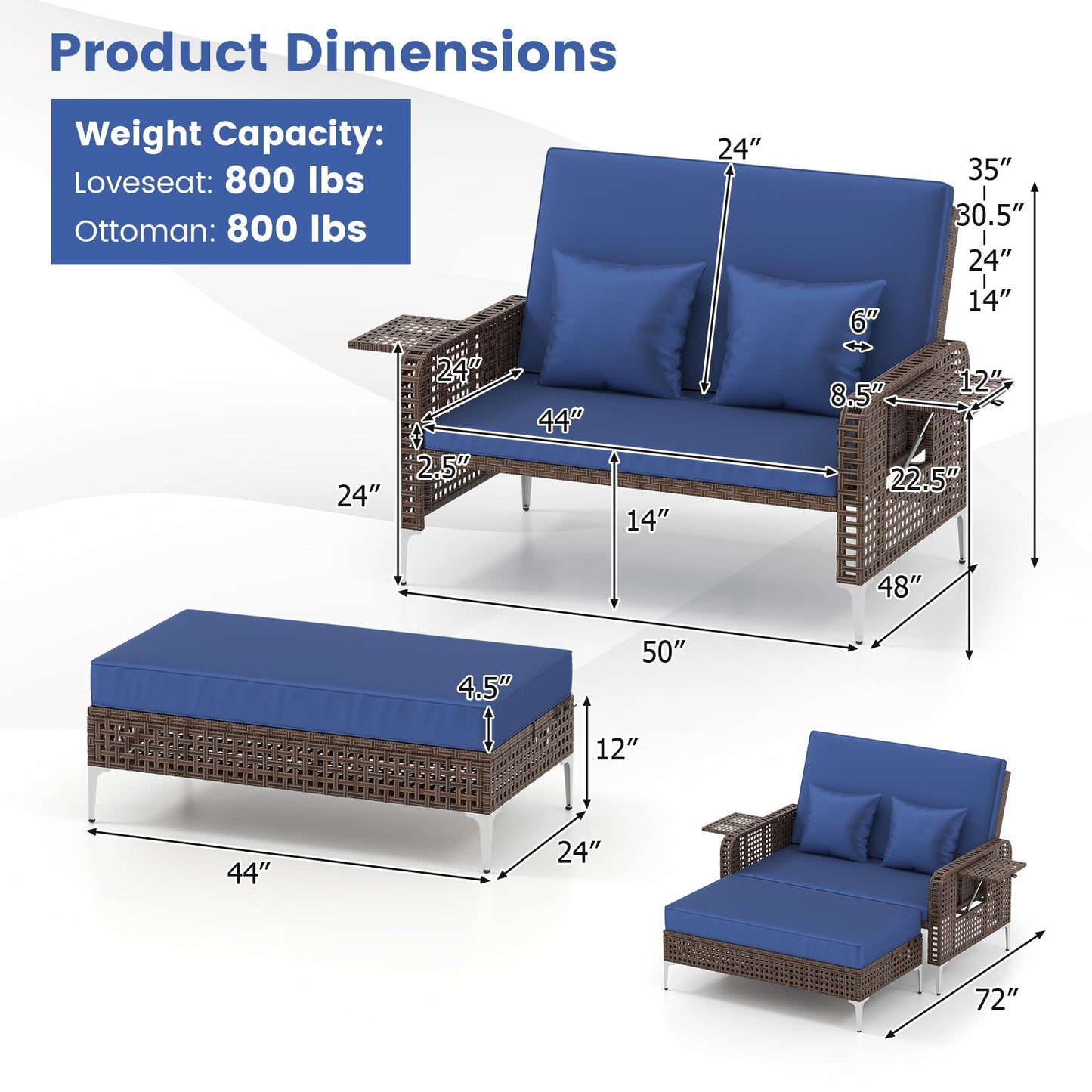 2 Piece Patio Rattan Daybed Wicker Loveseat and Ottoman with Adjustable Backrest