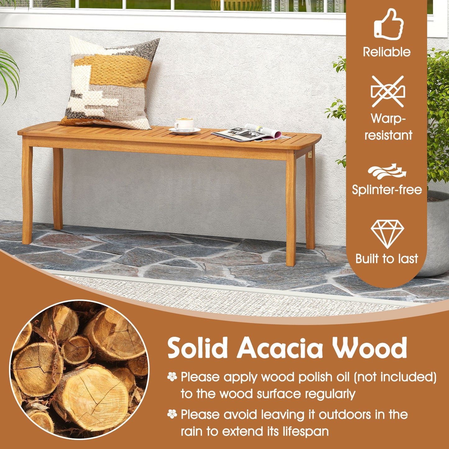 Acacia Wood Outdoor 48" Long Patio Dining Bench
