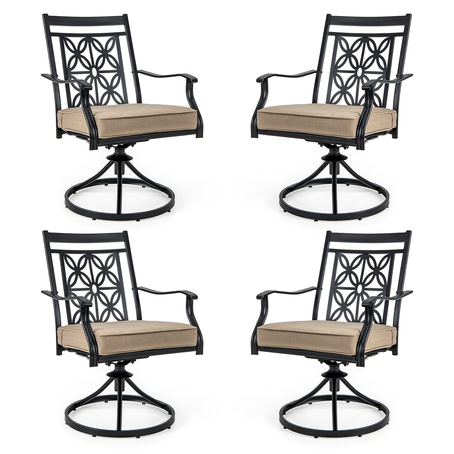2 Pieces Patio Swivel Chairs with Blossom Pattern Backrest and Cushions-Black