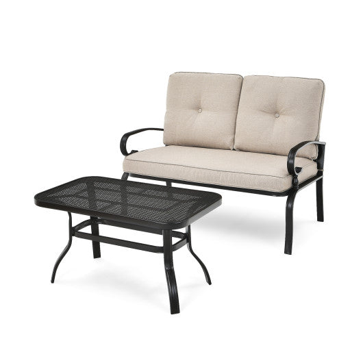 2 Pieces Patio Loveseat Bench Table Furniture Set with Cushioned Chair-Beige