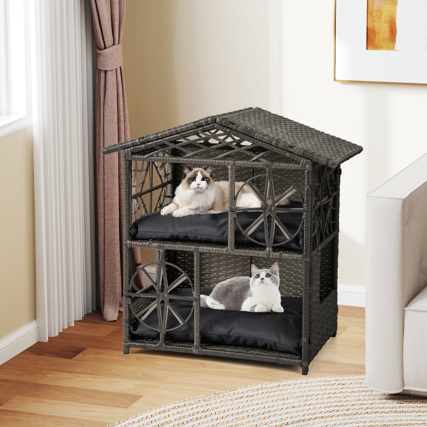 2-storey Wicker Cat House Rattan Kitten Condo Enclosure with Removable Cushions-Gray