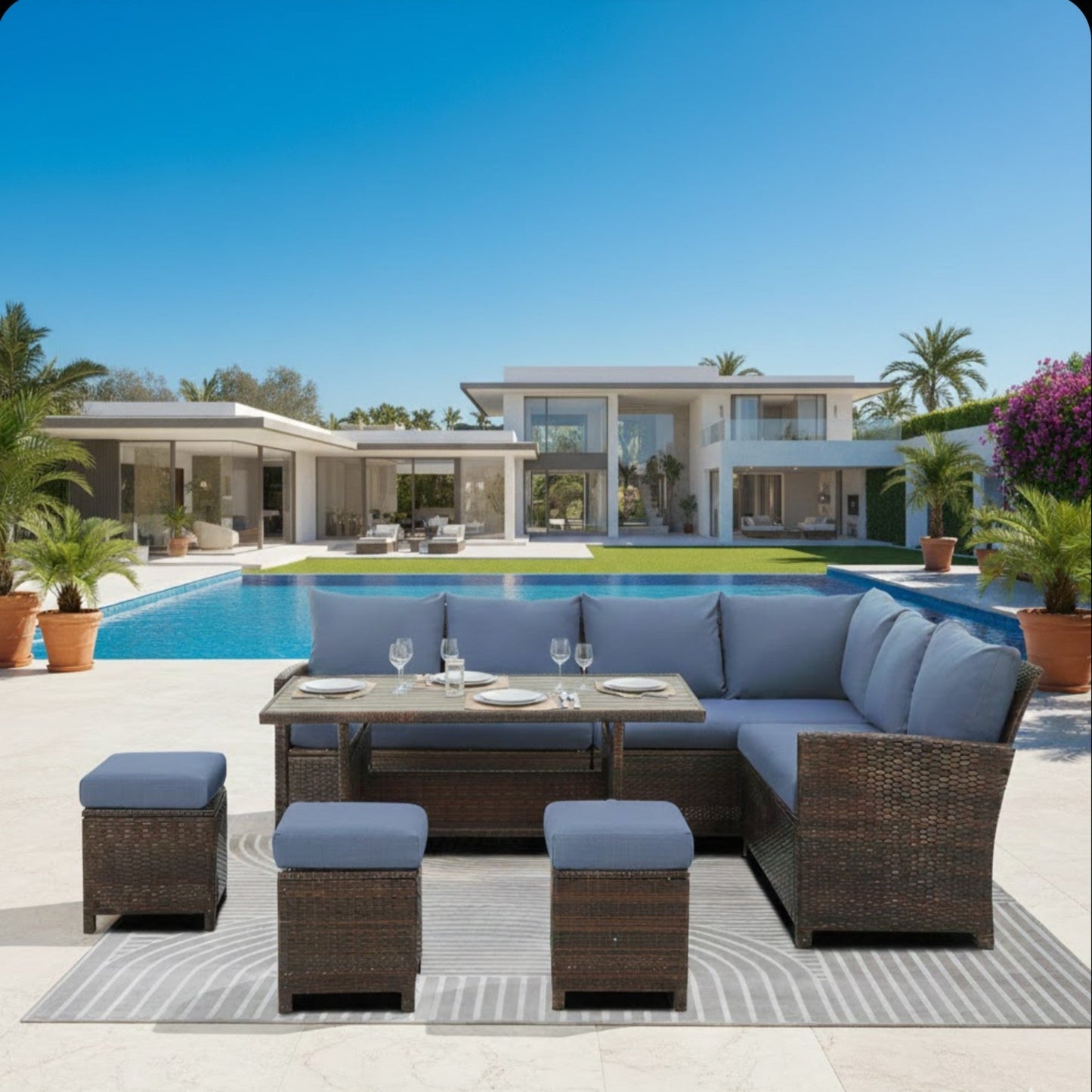 7-Piece Outdoor Patio Dining Set with Modular Sectional Sofa & Storage Coffee Table
