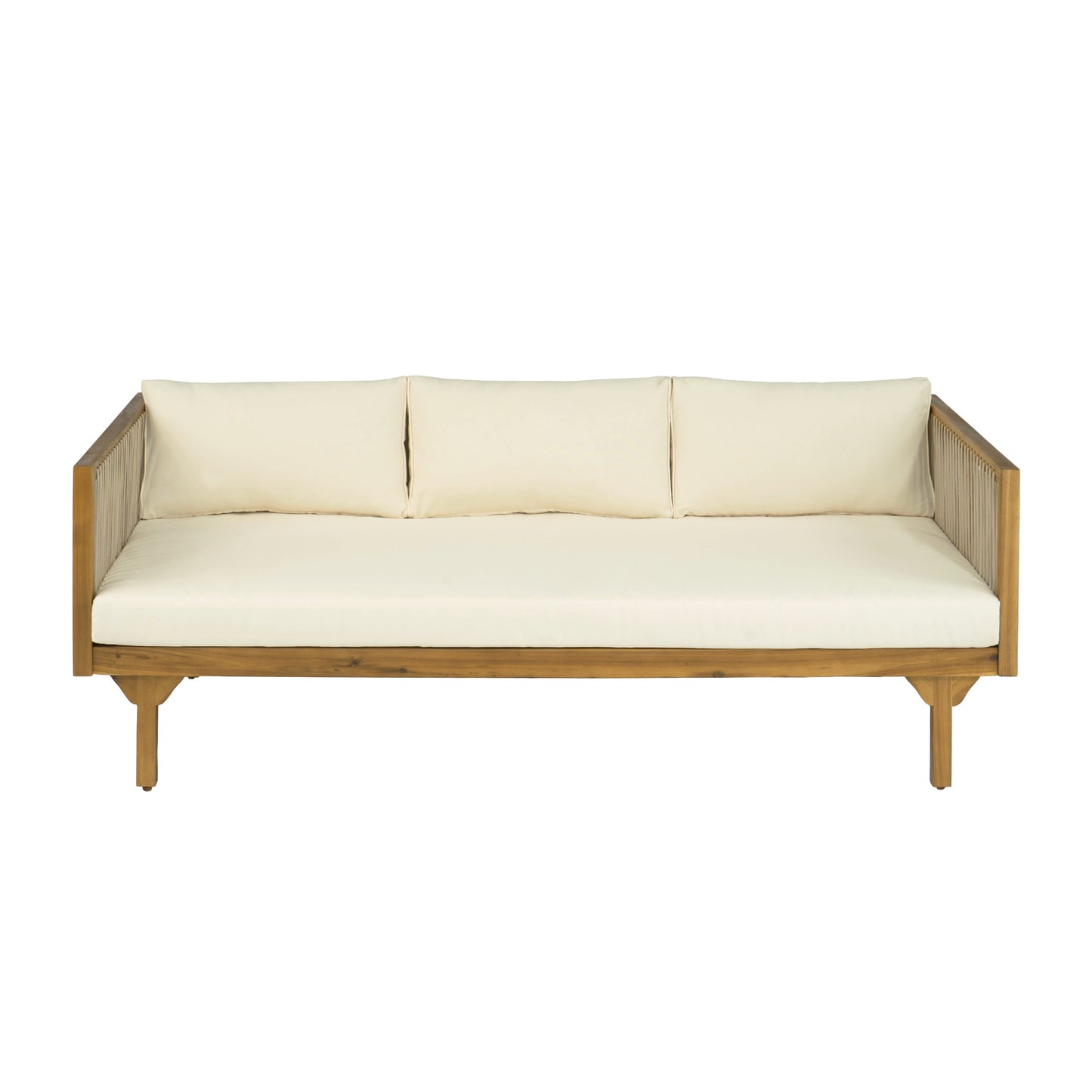 Outdoor Patio Sofa Rope Beige Cushions Teak Finish Acacia Wood