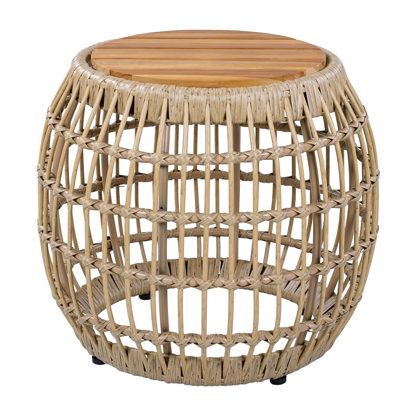 Outdoor Round Side Table Acacia Wood with Wicker Base Light Brown 16 Inch