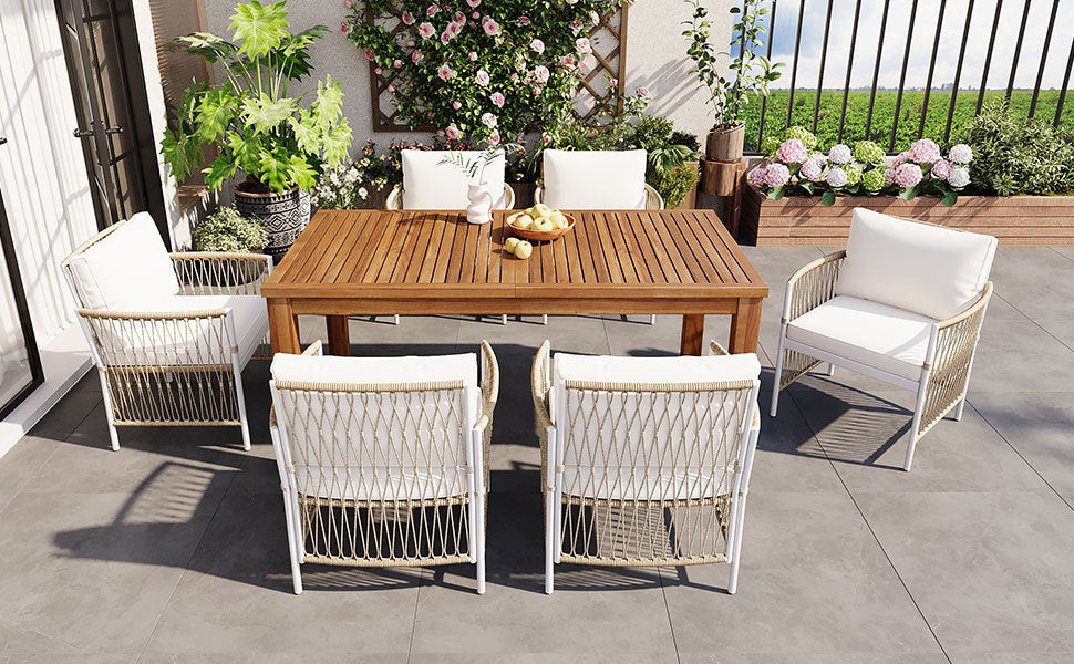 Patio Dining Set Rectangular, 67 Inch Wooden Table with 6 Rattan Armchairs
