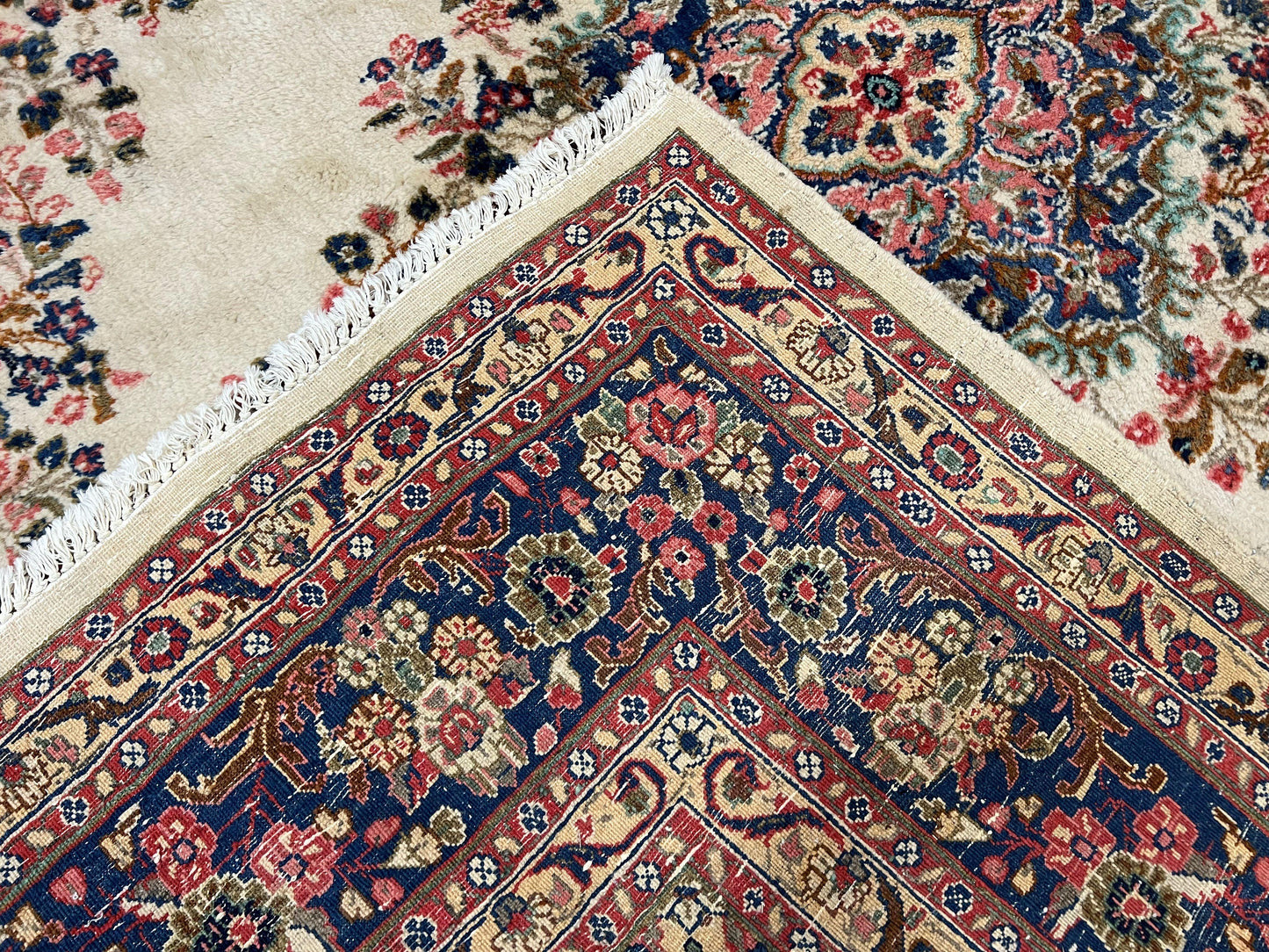 Persian Rug 9x10, Hamadan Rug, Antique Oriental Carpet, Wool Rug, Semi Open Field, Cream and Navy Blue, Kirman Design Hand Knotted Almost Square Rug