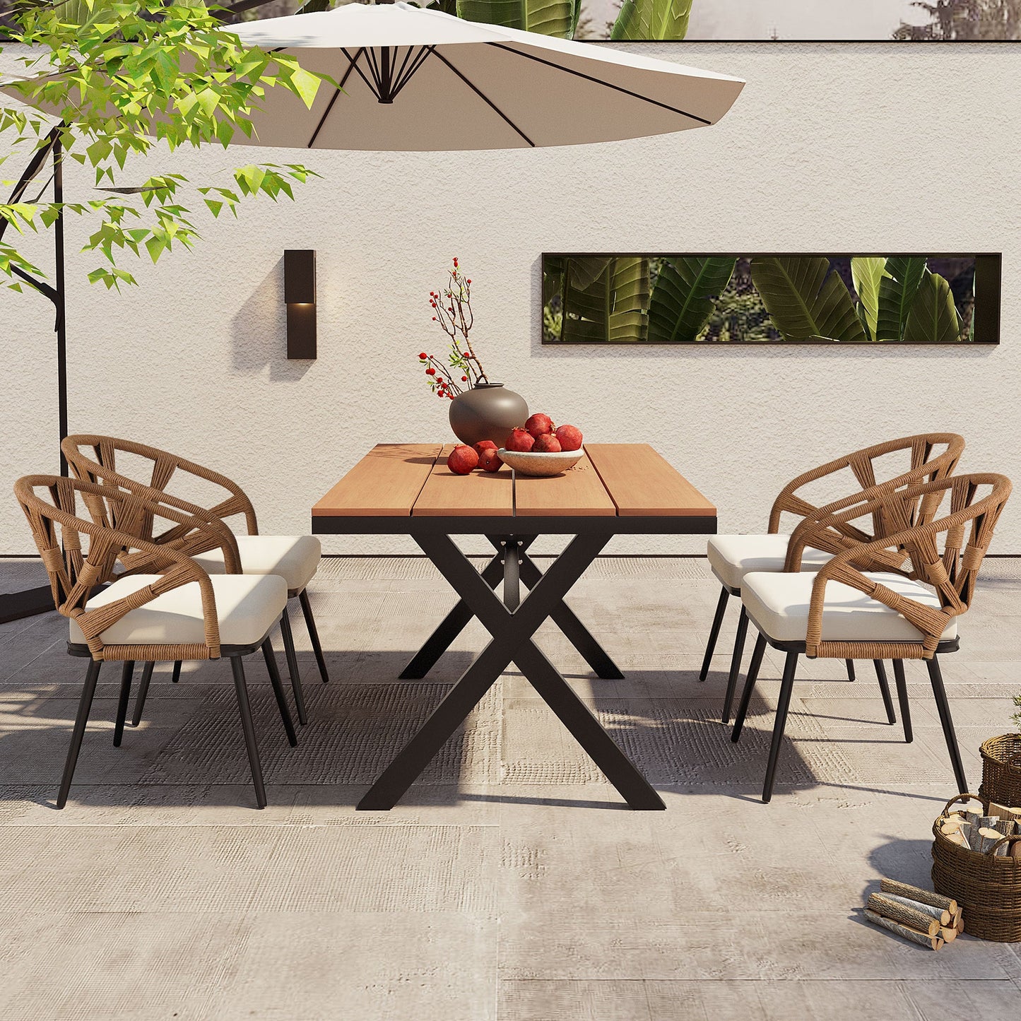 Outdoor Set Contemporary Pe Rattan Chairs and Plastic Wood Table