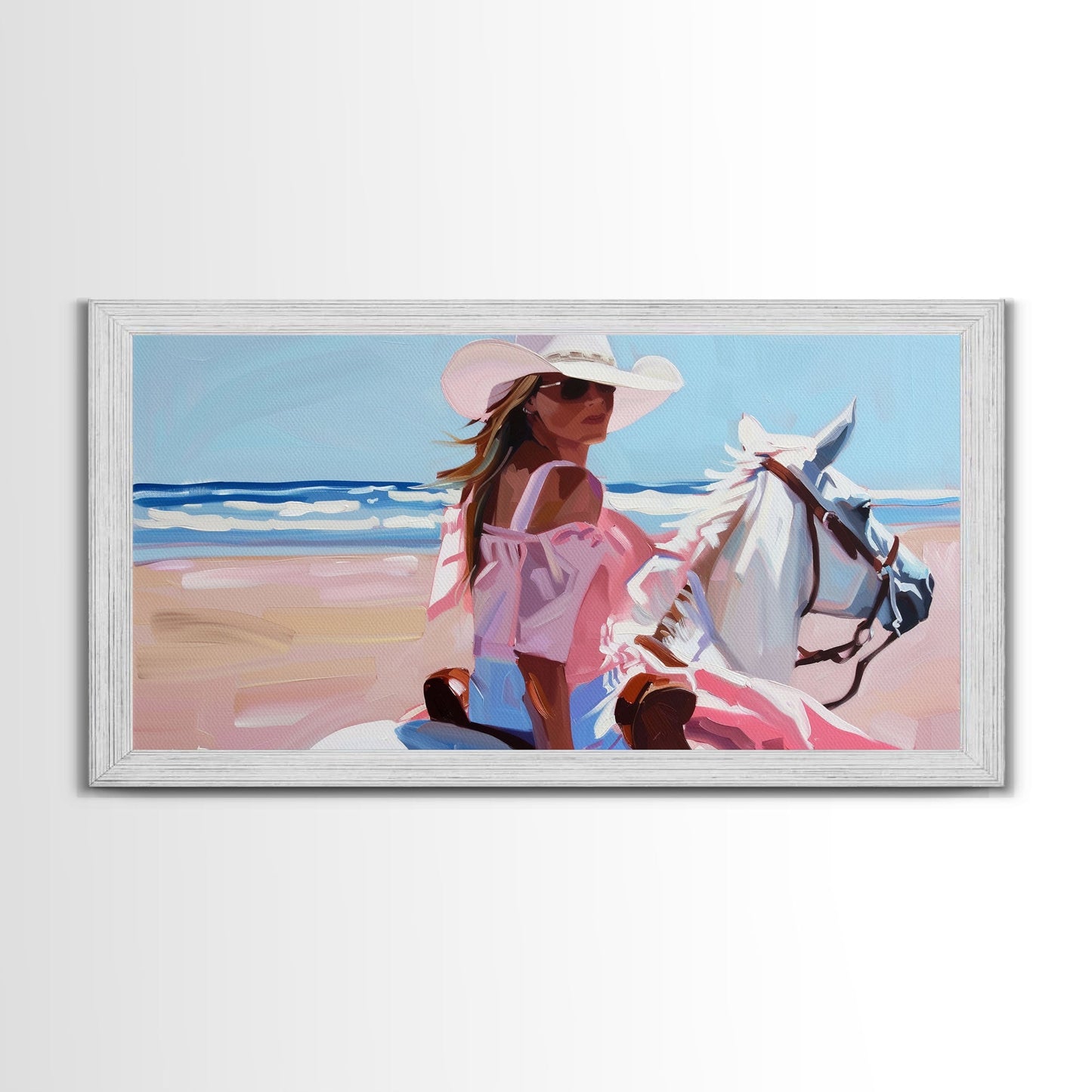 Elegant Cowgirl on Horse by the Shore, Beautiful Framed Canvas Print, Ideal for Coastal Living Room Art, Beach Bedroom Decor, Horse Wall Art