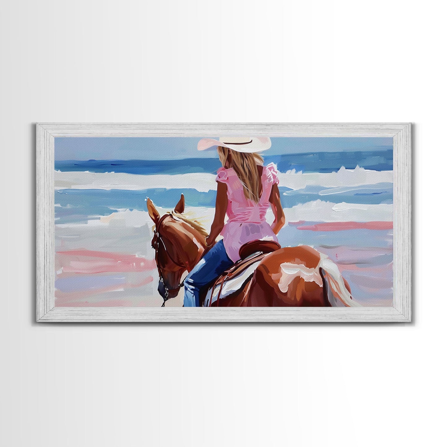 Cowgirl Riding Horse by the Ocean, Tranquil Framed Canvas Print, Perfect for Coastal Living Room Art, Beach Bedroom Decor, Horse Wall Art