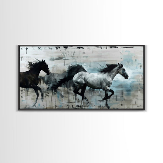 Black and White Horses Running in Abstract Landscape, Ideal Wall Art, Framed Canvas Print for Living Room or Bedroom Decor, Colorful Art