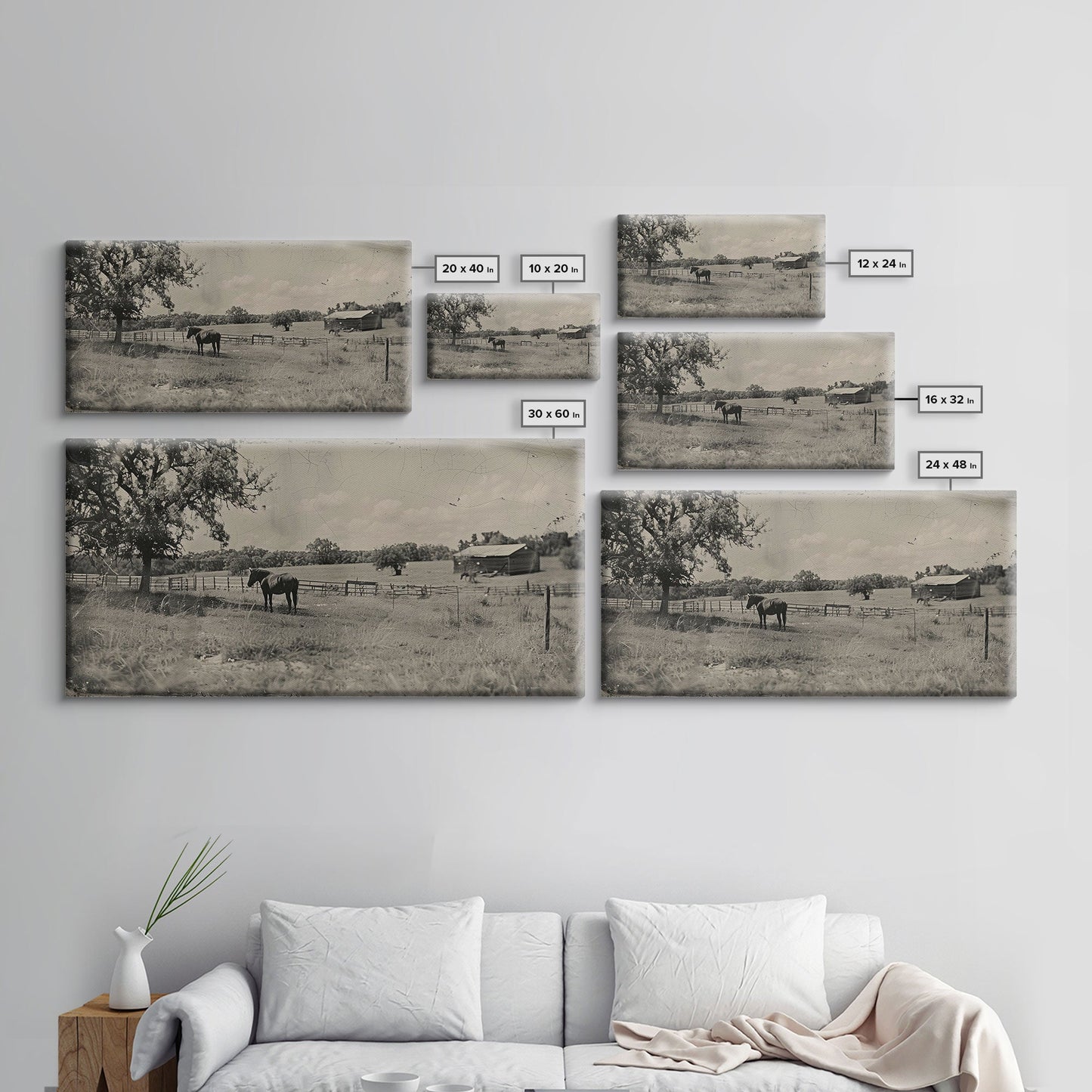 Horse Grazing in Pasture by Farmhouse, Antique Style Framed Canvas Print Country Living Room Decor, Rustic Farmhouse Wall Art, Nature Scene