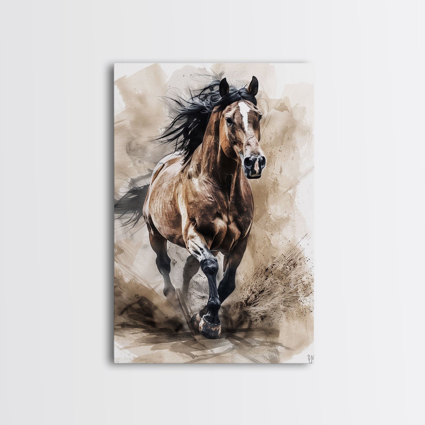 Powerful Horse Galloping - Framed Canvas Print, Dynamic Living Room Art, Energetic Bedroom Decor, Equestrian Art, Wall Art