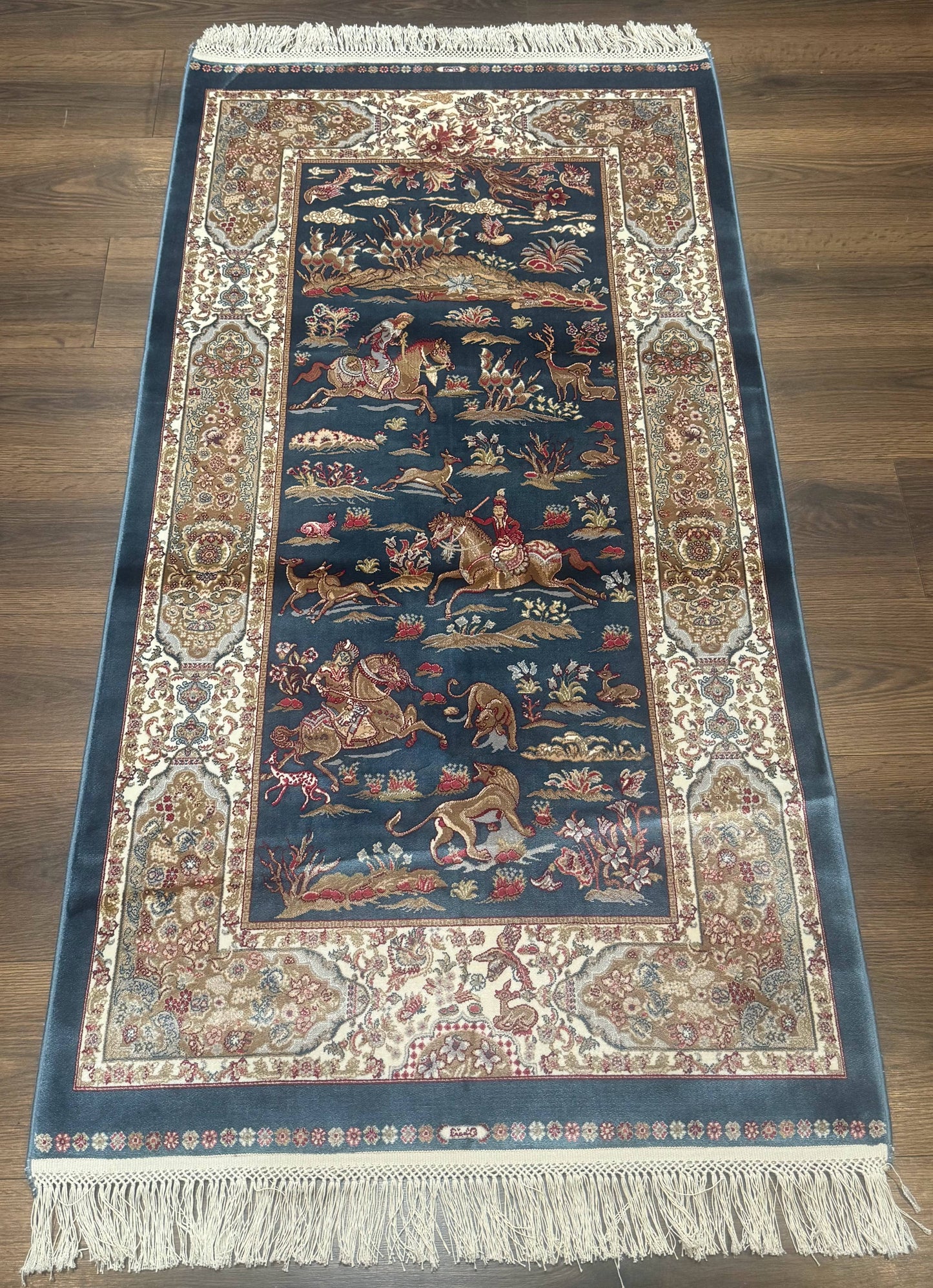 The Sporting Estate Turkish Hunting Scene Rug — Dark Steel Blue &amp; Ivory